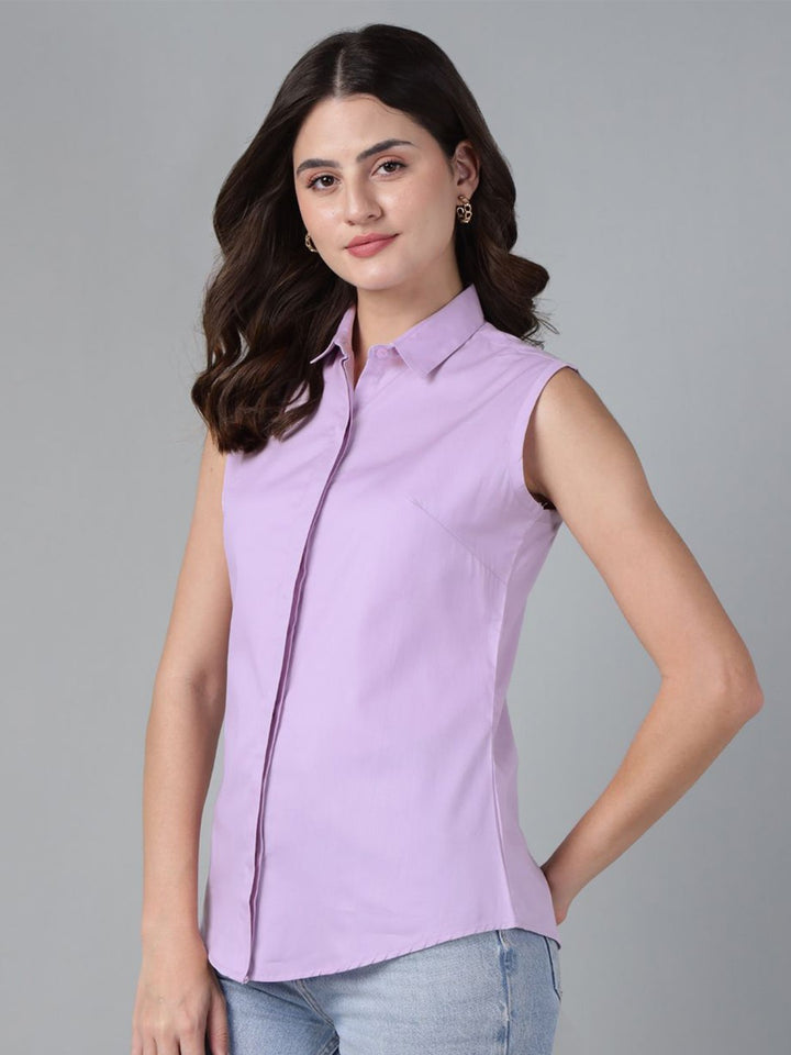 Hancock Women Lavender Solid Pure Cotton Sleeveless Slim Fit Casual Shirt