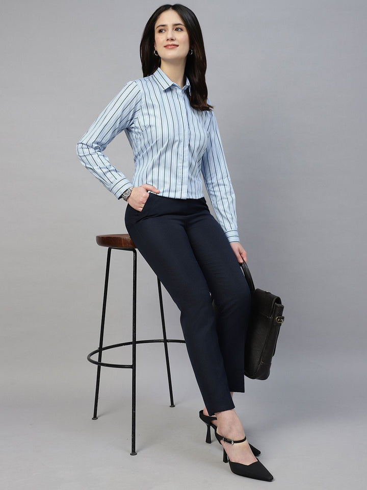 Hancock Women Blue Stripe Pure Cotton Regular Fit Formal Shirt