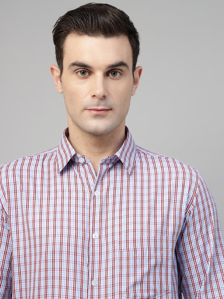 Men Blue & Red Check Cotton Slim Fit Formal Shirt