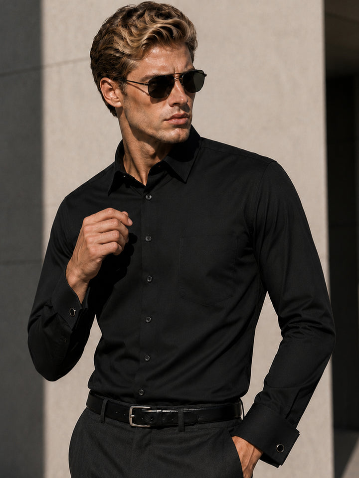Men Black Solid Pure Cotton Slim Fit French Cuff Formal Shirts