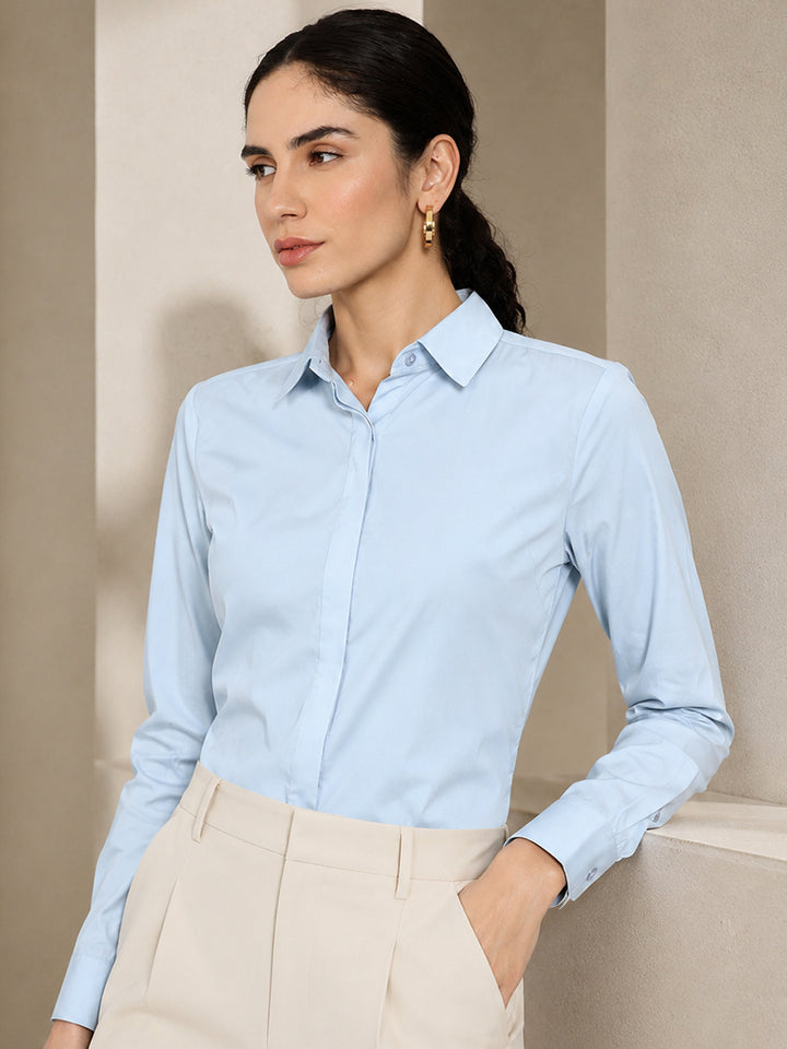 Women Sky Solid Pure Cotton Regular Fit Formal Shirt