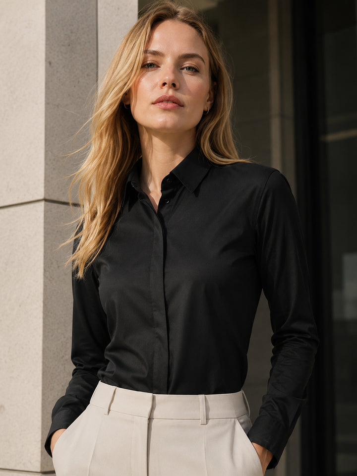 Women Black Solid Pure Cotton Satin Regular Fit Formal Shirt