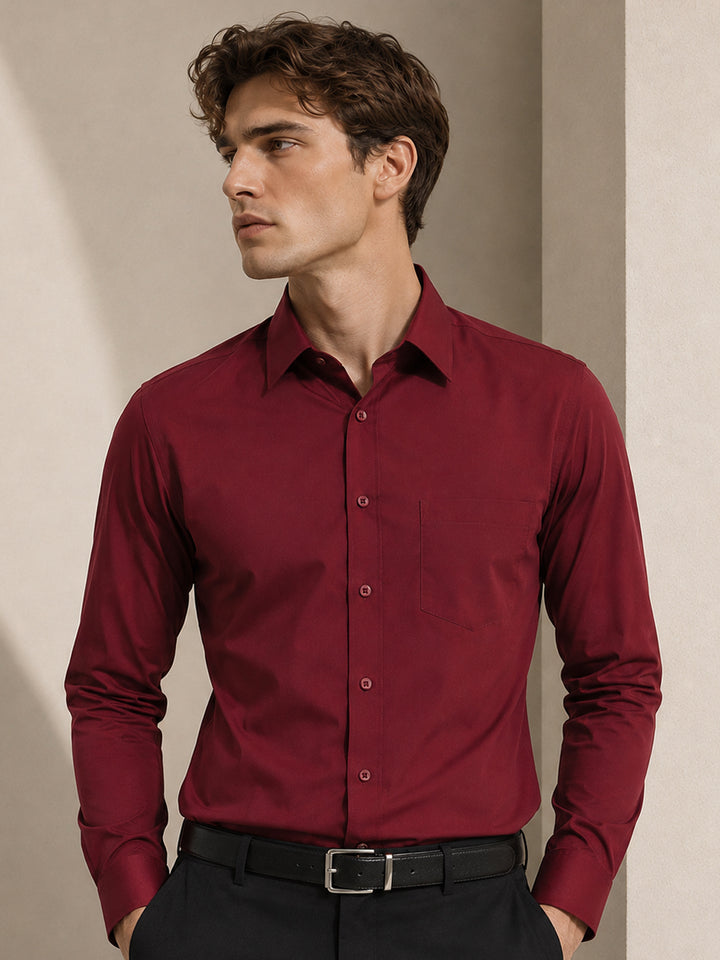 Men Maroon Solid Slim Fit Cotton Rich Formal Shirt