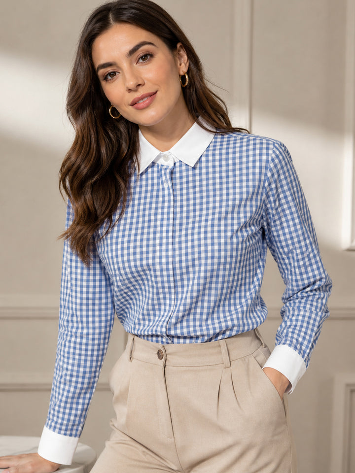 Women Blue & White Checked Pure Cotton Regular Fit Formal Shirt