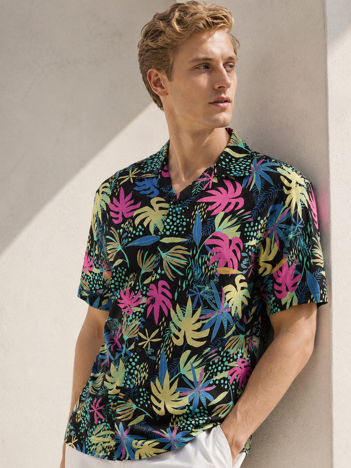 Men Black & Pink Printed Viscose Rayon Regular Fit Casual Resort Shirt