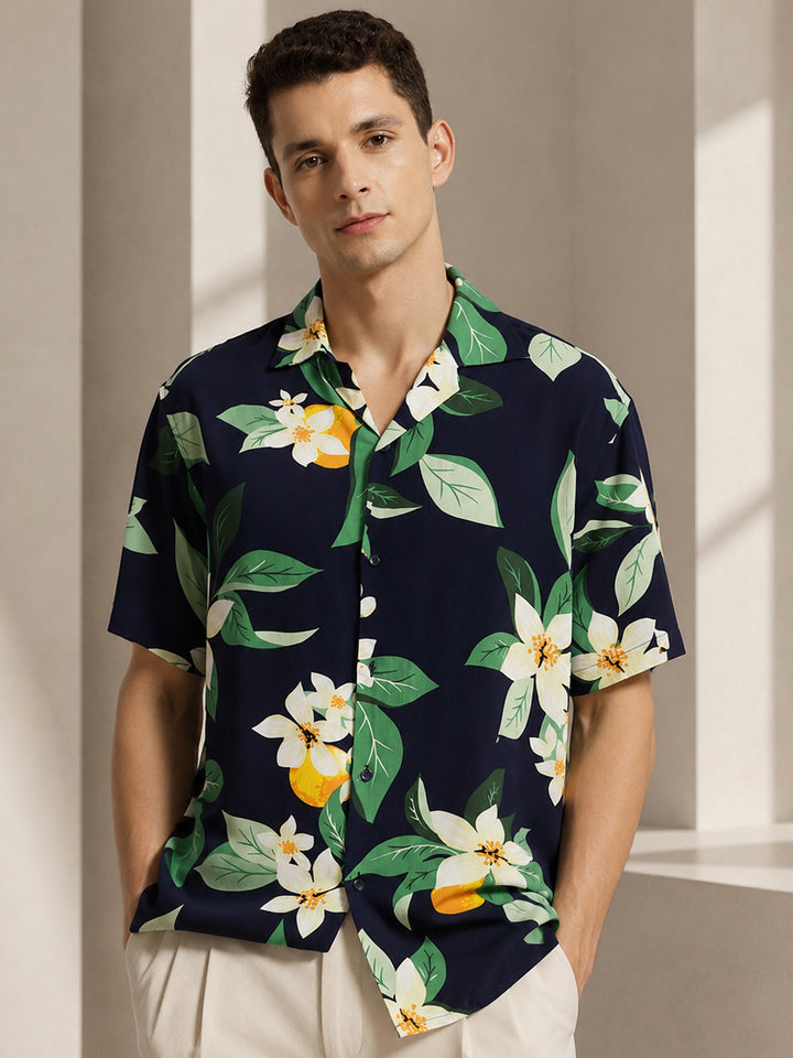 Men Navy & Green Printed Viscose Rayon Regular Fit Casual Resort Shirt