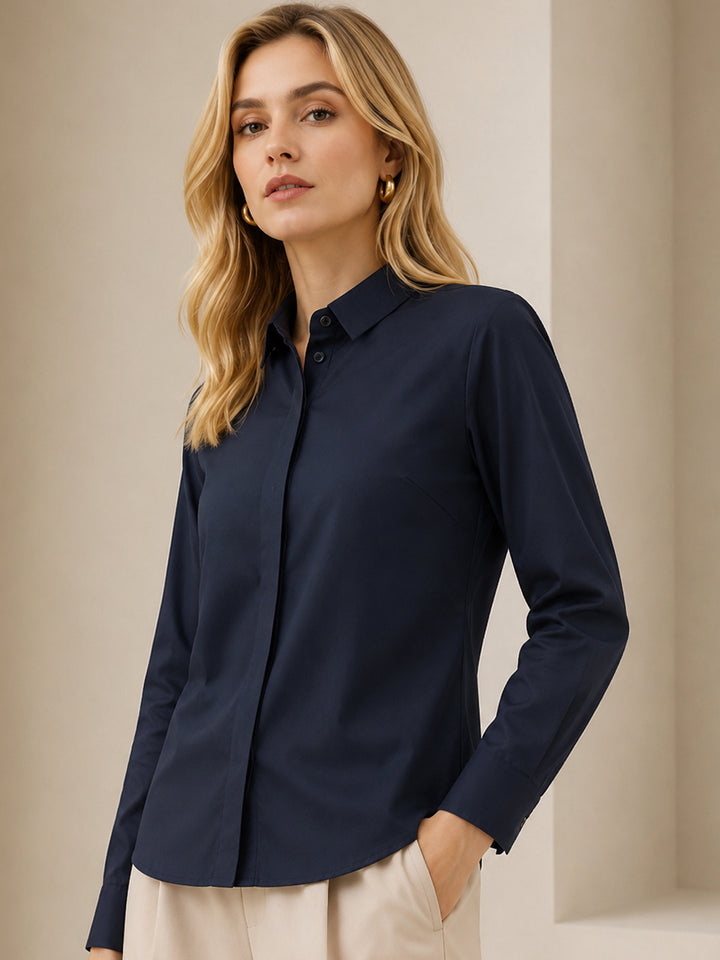 Women Navy Solid Pure Cotton Regular Fit Formal Shirt