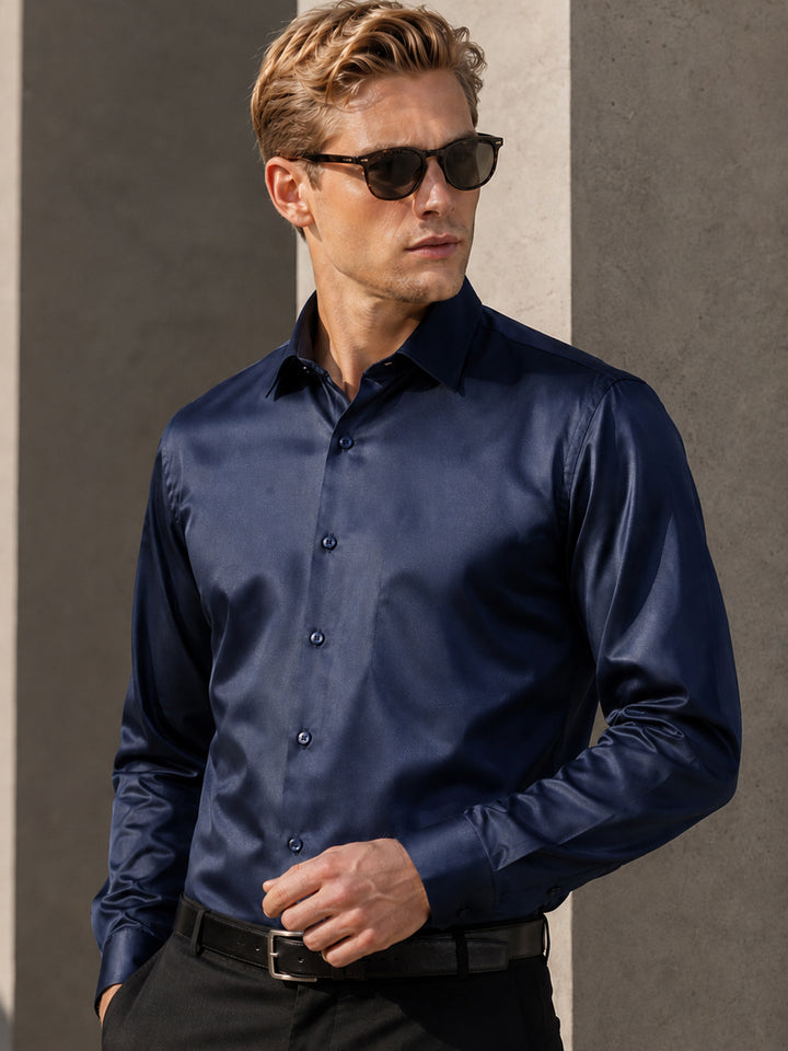Men Navy Solid Satin Tuxedo Slim fit Party Shirt