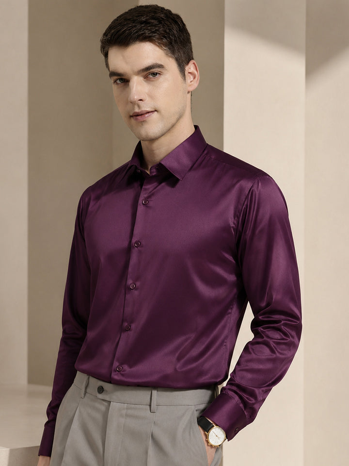 Men Burgundy Solid Satin Tuxedo Slim fit Party Shirt