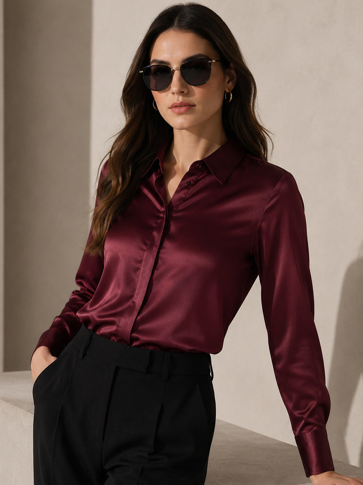 Women Maroon Solid Satin Formal Shirt