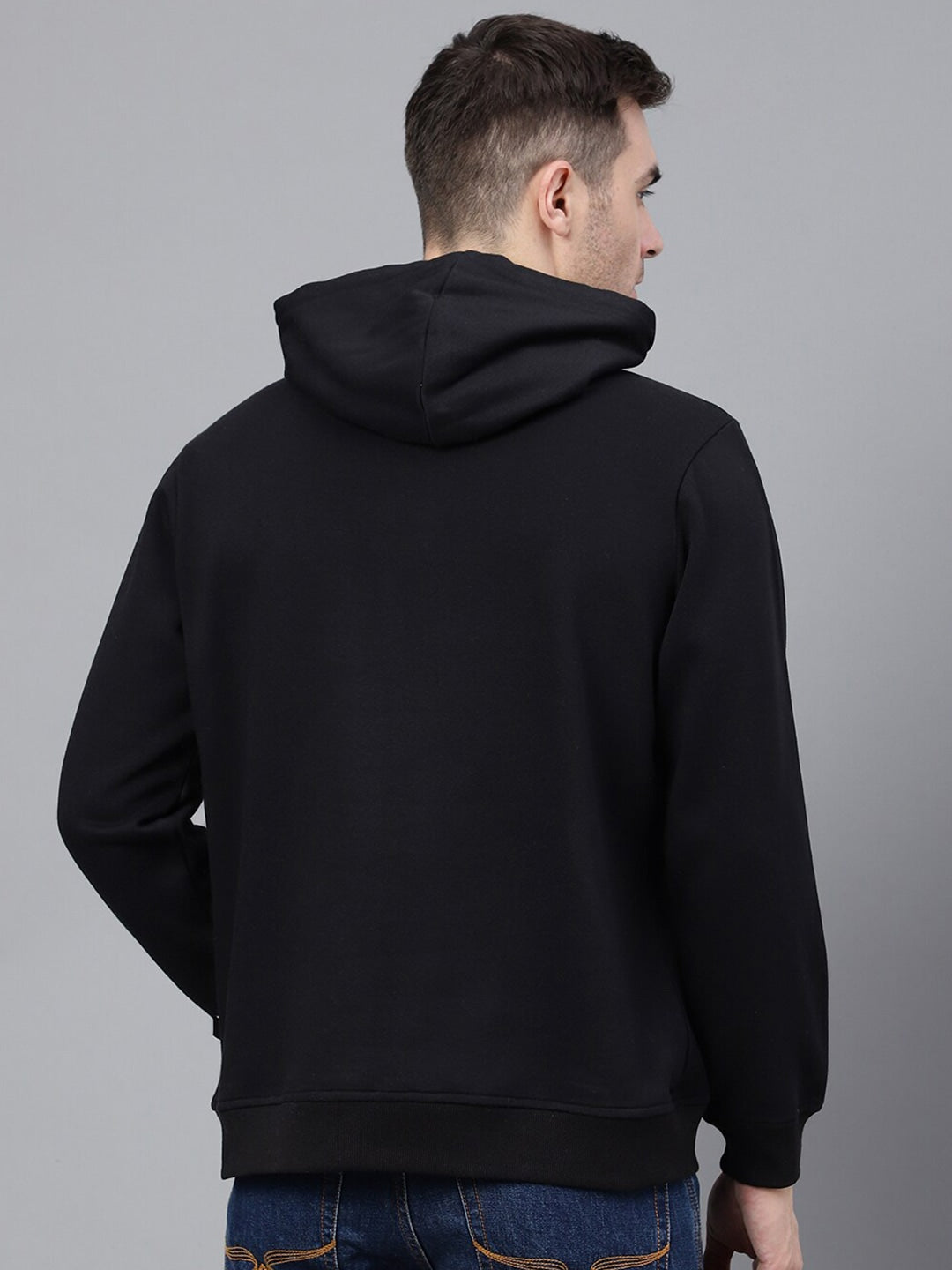 Men Black Solid Half Button Placket Long Sleeves Fleece Hooded Sweatshirt