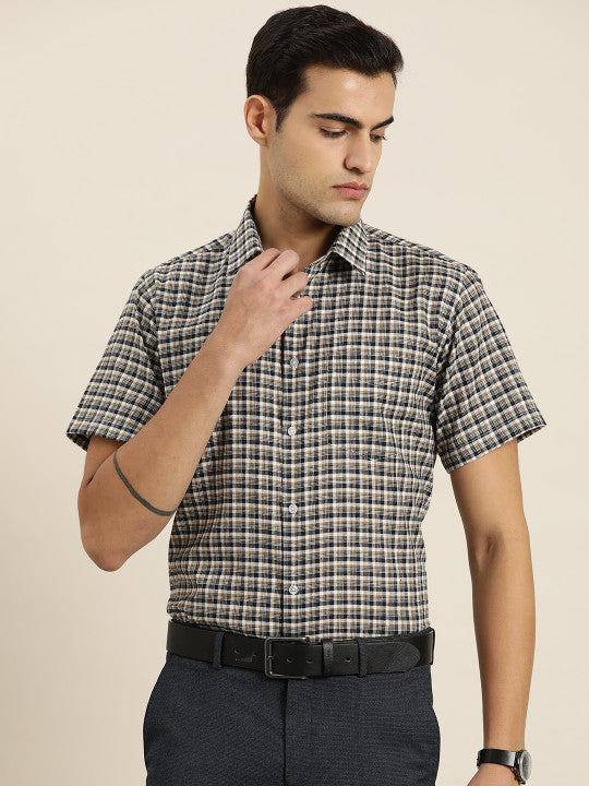 Men White & Brown Checked Cotton Rich Regular Fit Formal Shirt