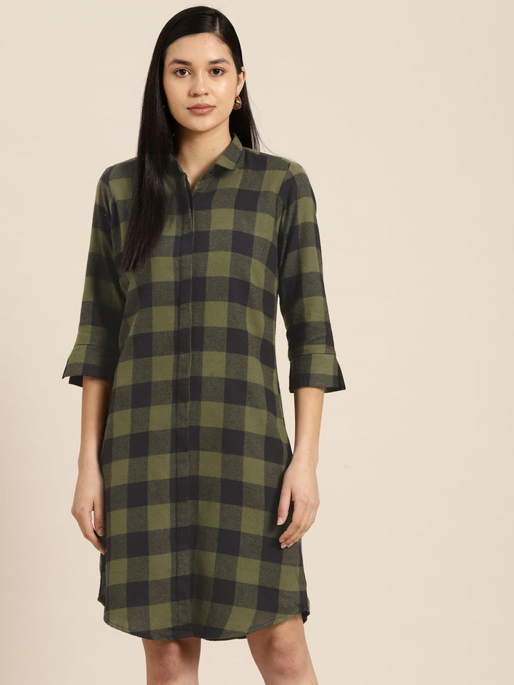 Women Green-Black Checked Pure Cotton Regular Fit Formal Dress