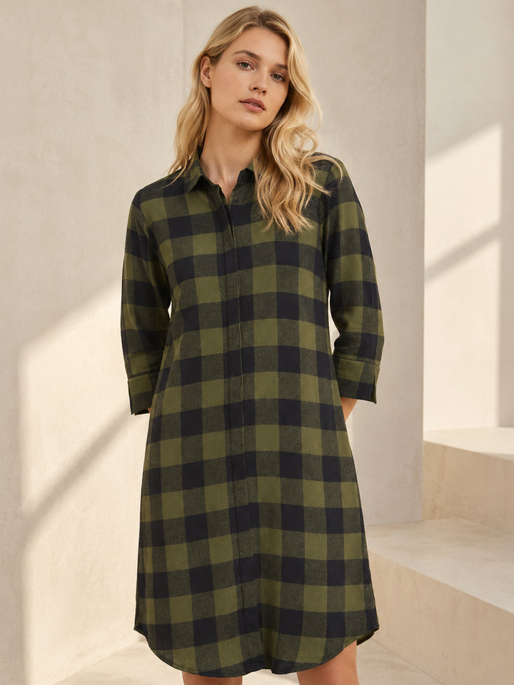 Women Green-Black Checked Pure Cotton Regular Fit Formal Dress