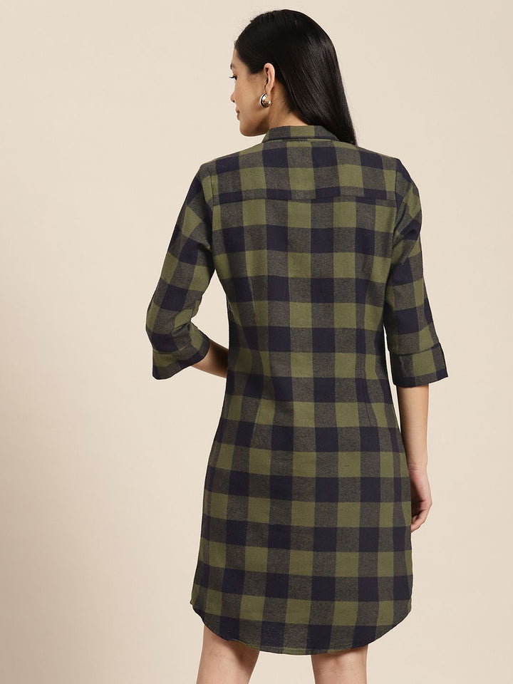 Women Green-Black Checked Pure Cotton Regular Fit Formal Dress