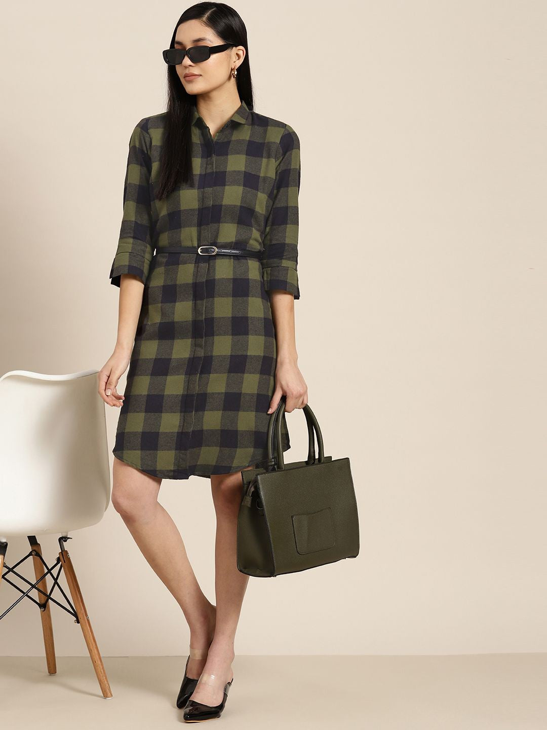 Women Green-Black Checked Pure Cotton Regular Fit Formal Dress