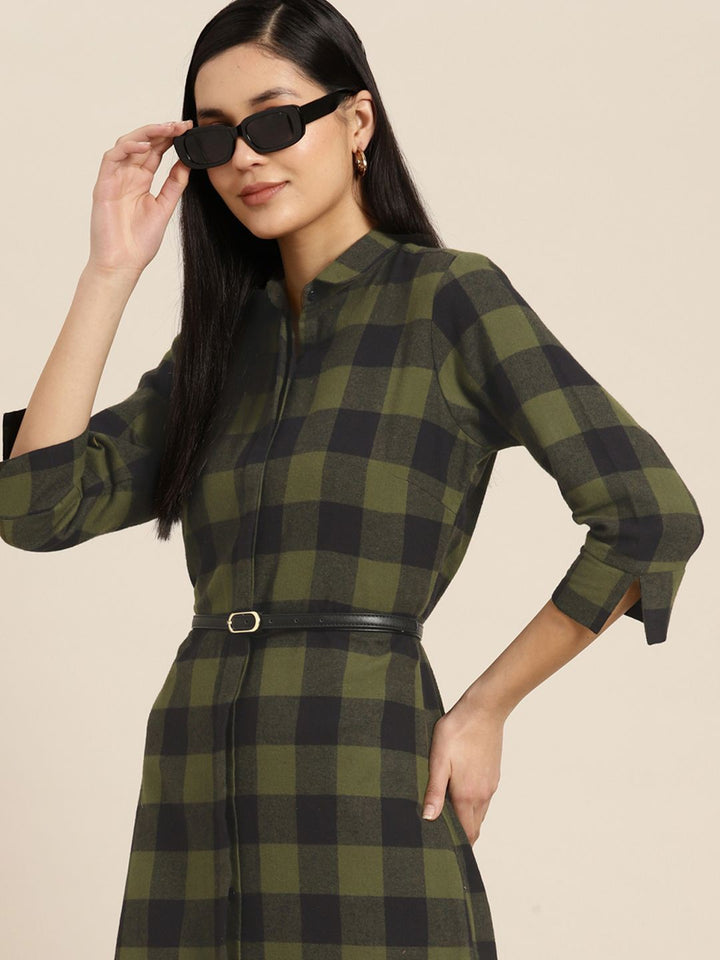 Women Green-Black Checked Pure Cotton Regular Fit Formal Dress