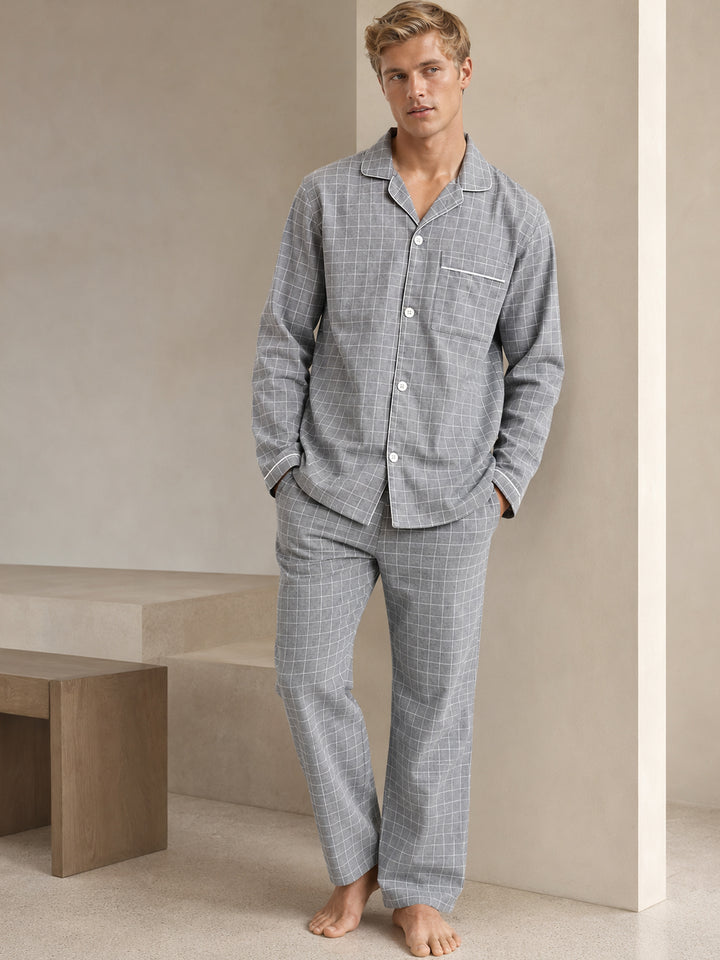 Men Grey Checks Pure Cotton Relaxed Fit Casual Night Suit