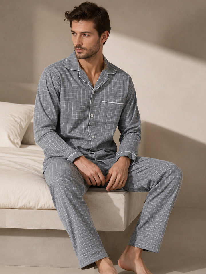 Men Grey Checks Pure Cotton Relaxed Fit Casual Night Suit
