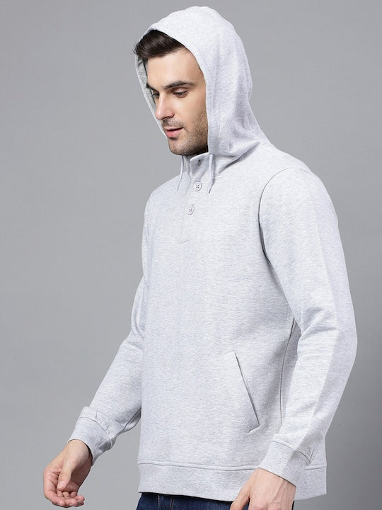 Men Melange Grey Solid Half Button Placket Long Sleeves Fleece Hooded Sweatshirt