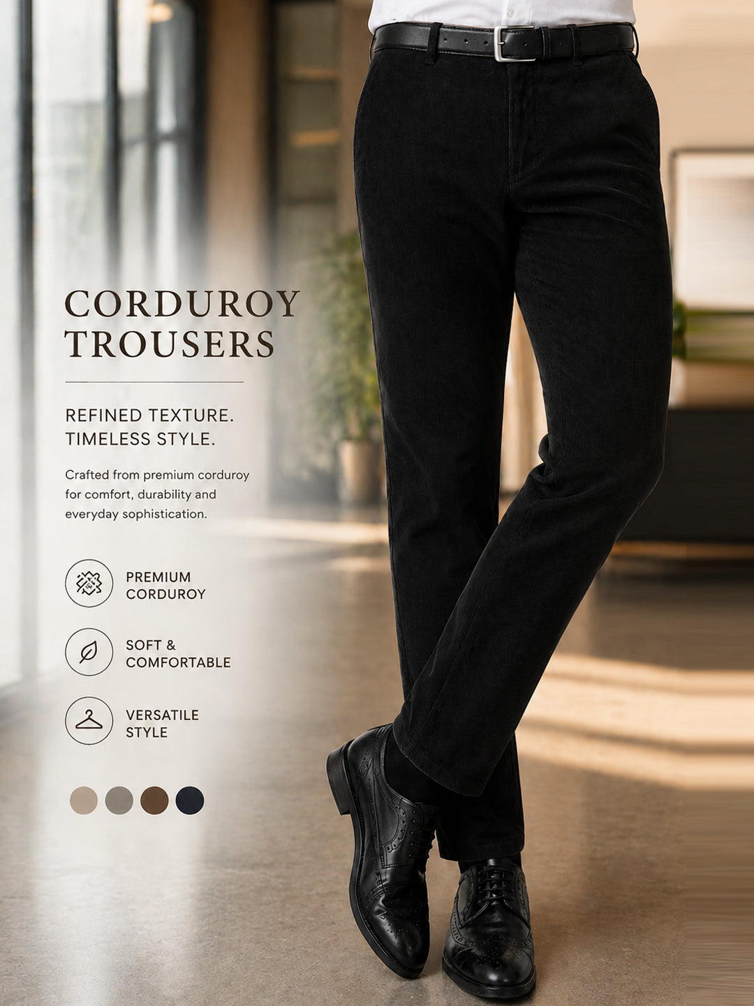 Men Black Solid Cotton cotton stretch corduroy Coduroy Slim Fit Formal Trouser