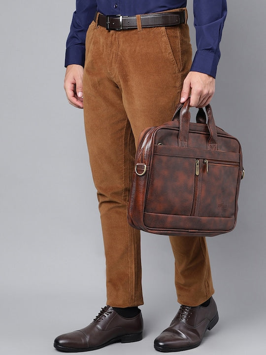 Men Cinnamon Brown Solid Cotton cotton stretch corduroy Coduroy Slim Fit Formal Trouser