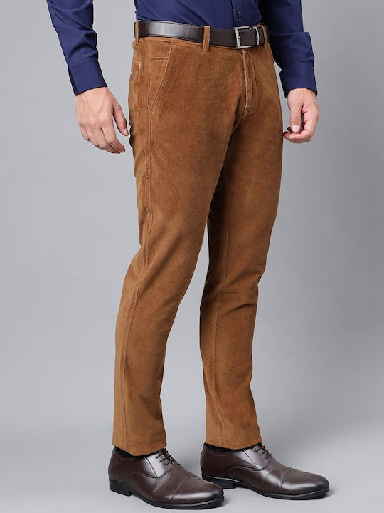 Men Cinnamon Brown Solid Cotton cotton stretch corduroy Coduroy Slim Fit Formal Trouser