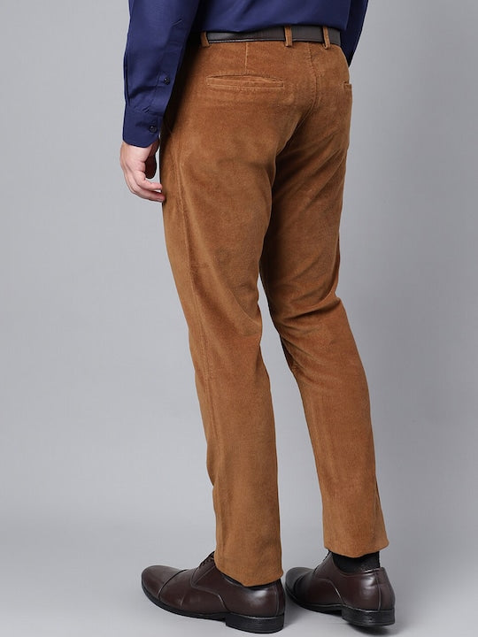 Men Cinnamon Brown Solid Cotton cotton stretch corduroy Coduroy Slim Fit Formal Trouser