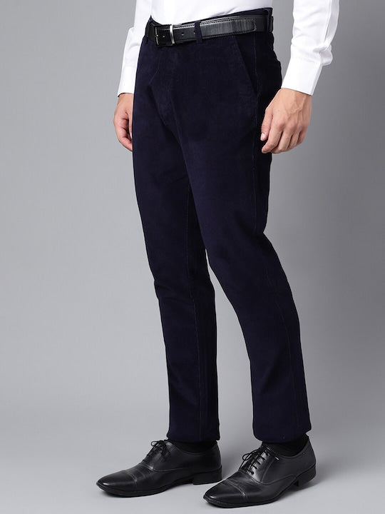 Men Navy Blue Solid Cotton cotton stretch corduroy Coduroy Slim Fit Formal Trouser