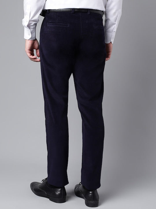 Men Navy Blue Solid Cotton cotton stretch corduroy Coduroy Slim Fit Formal Trouser