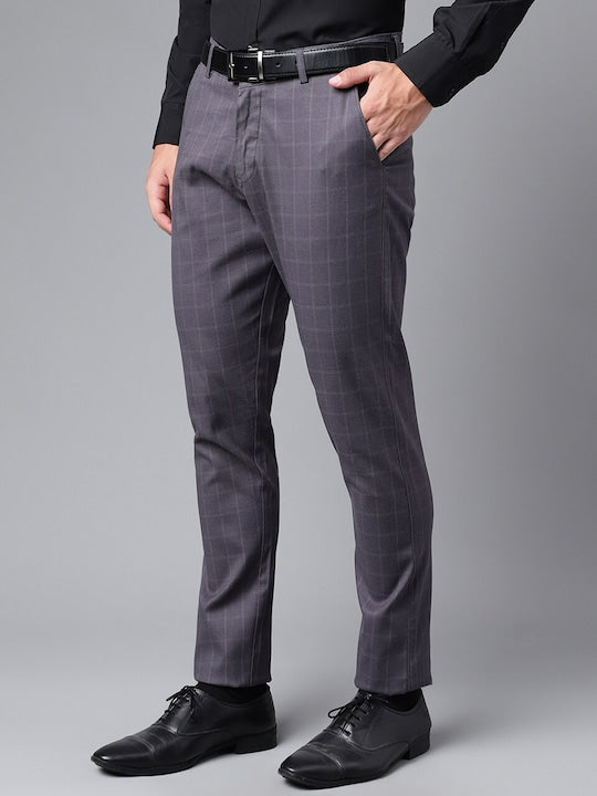 Men Grey Check Pure Cotton Slim Fit Formal Trouser