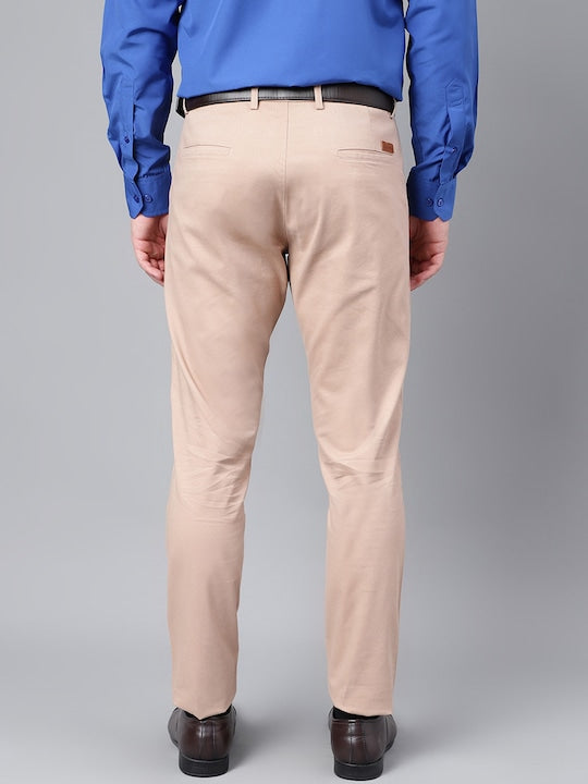 Men Beige Solid Pure Cotton Slim Fit Formal Trouser