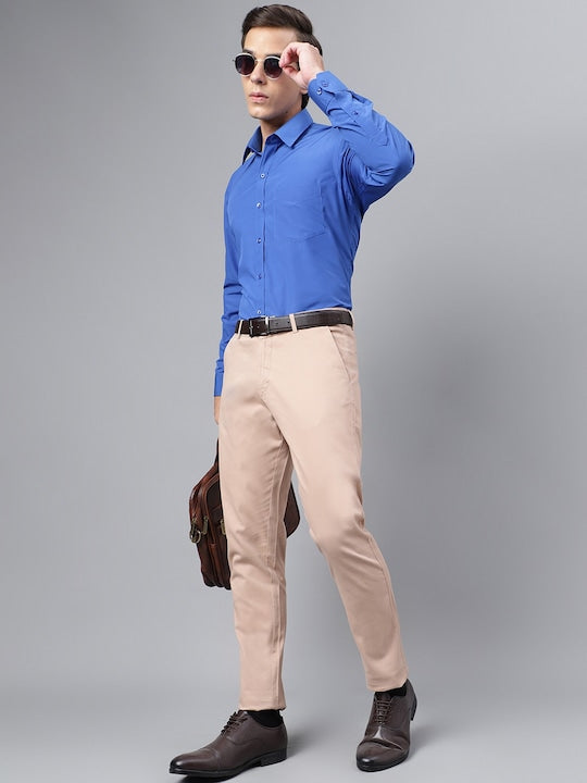 Men Beige Solid Pure Cotton Slim Fit Formal Trouser