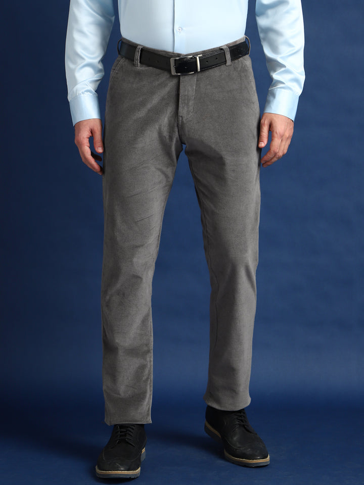 Men Grey Solid Velvet Cotton Stretchable Slim Fit Party Trouser
