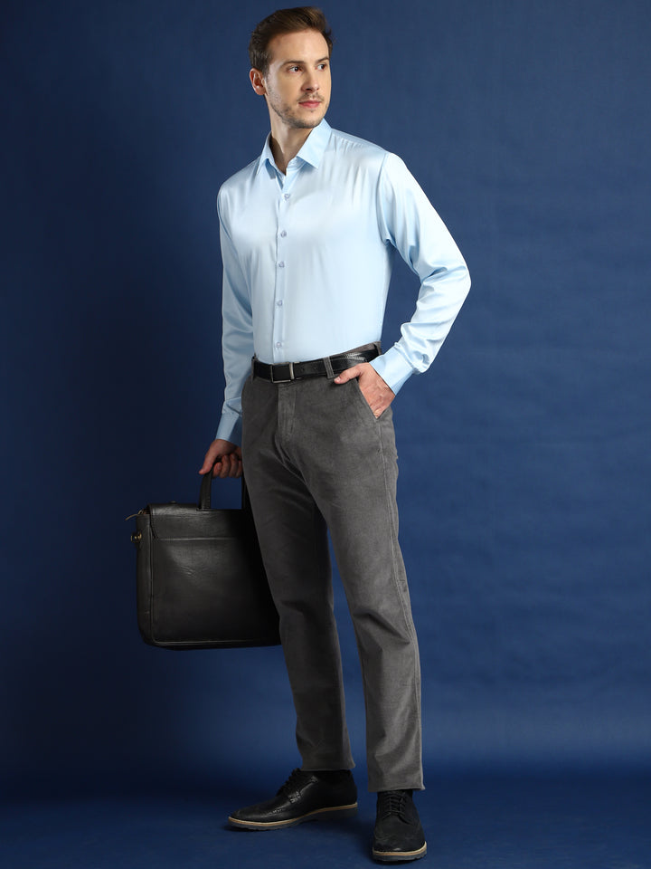 Men Grey Solid Velvet Cotton Stretchable Slim Fit Party Trouser