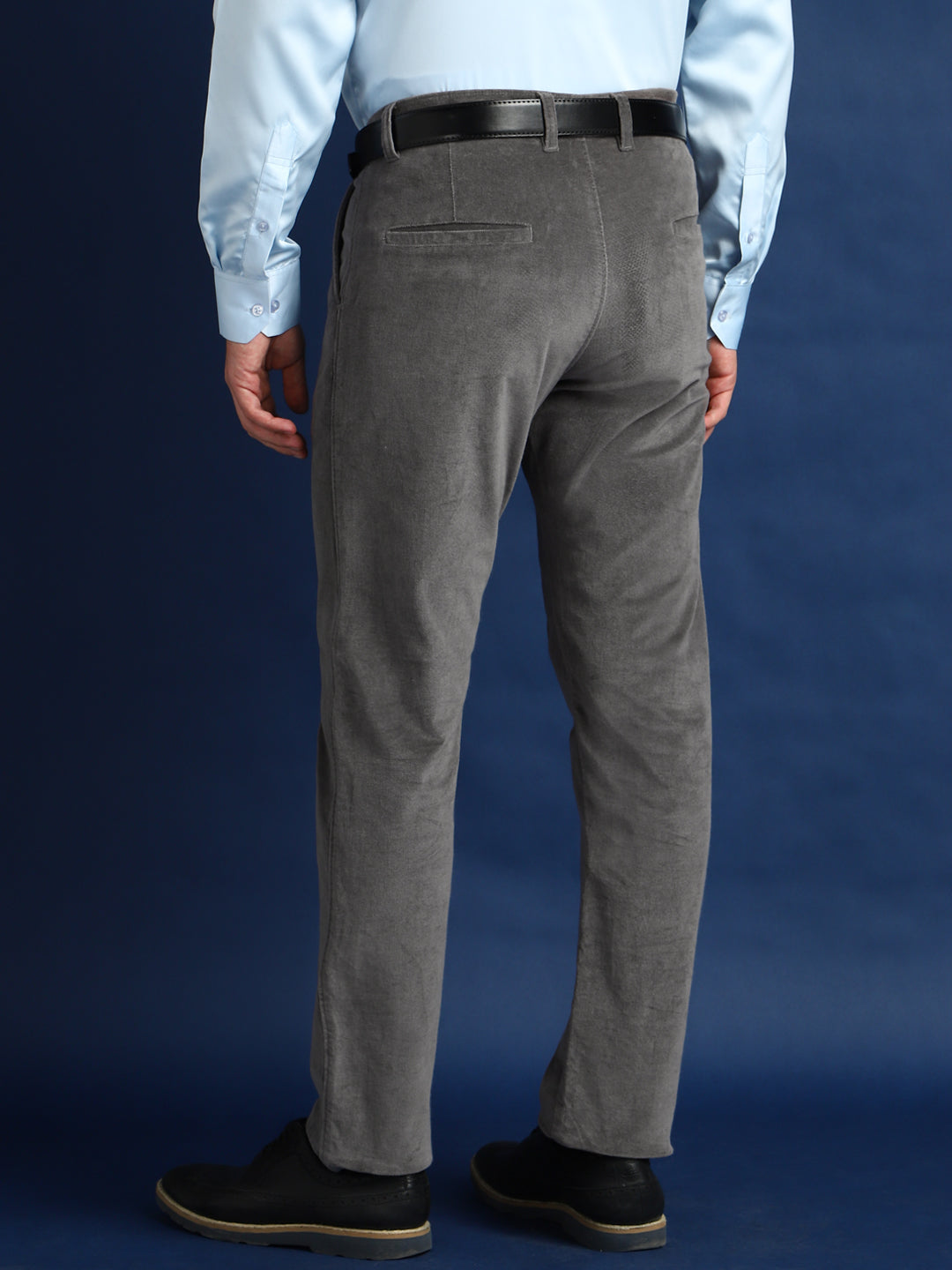 Men Grey Solid Velvet Cotton Stretchable Slim Fit Party Trouser