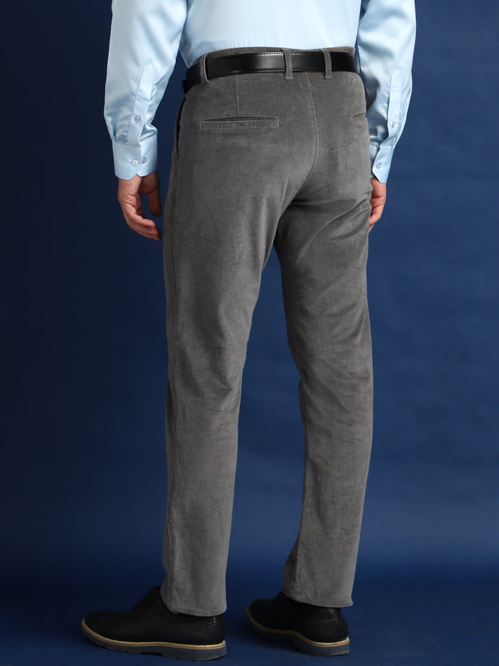 Men Grey Solid Velvet Cotton Stretchable Slim Fit Party Trouser