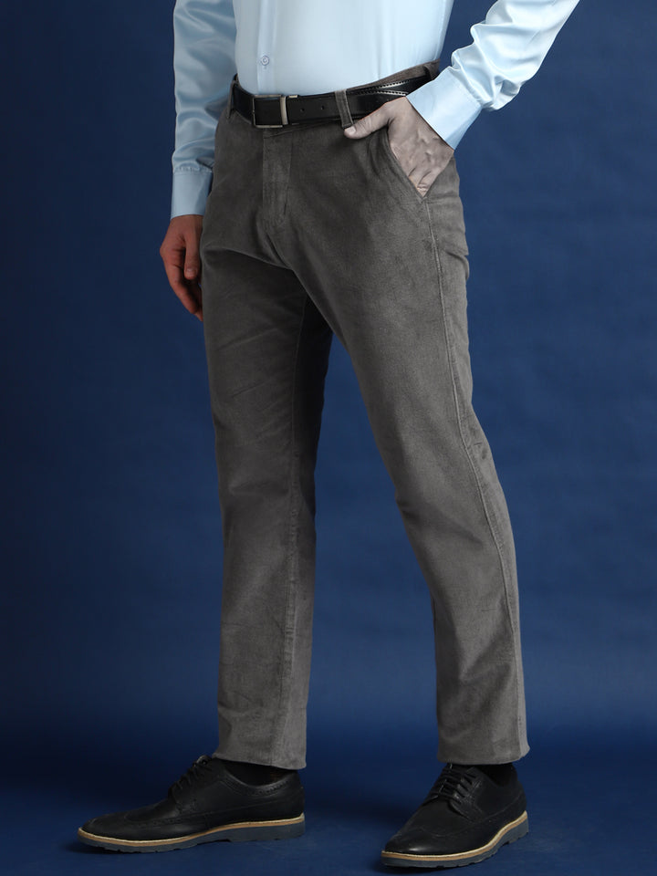 Men Grey Solid Velvet Cotton Stretchable Slim Fit Party Trouser