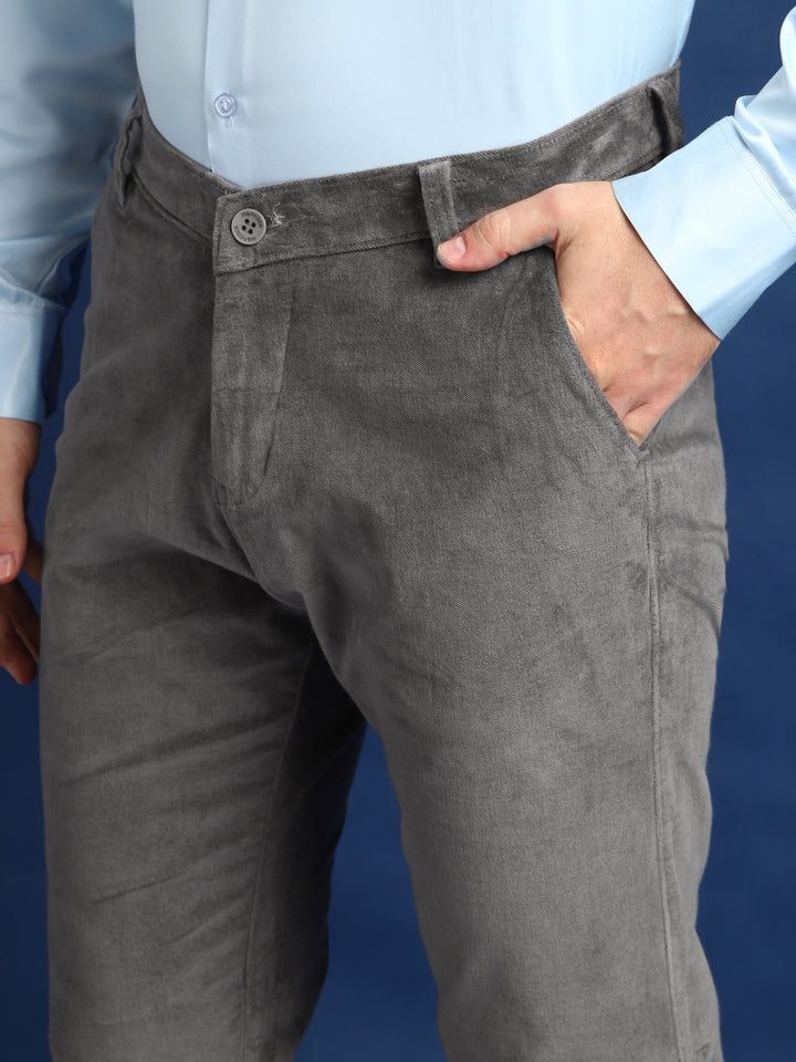 Men Grey Solid Velvet Cotton Stretchable Slim Fit Party Trouser