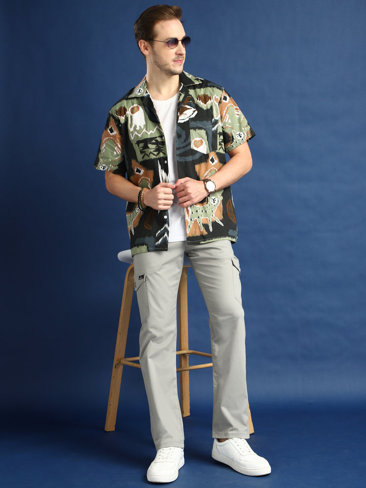 Men Ash Grey Solid Cotton Stretchable Straight Fit Cargo Pant
