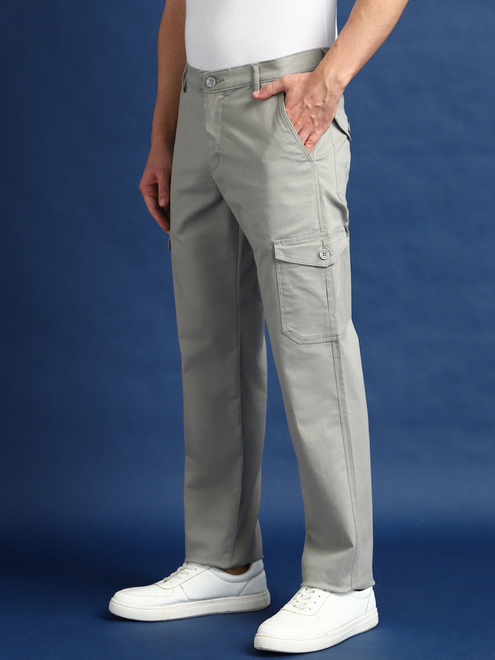 Men Ash Grey Solid Cotton Stretchable Straight Fit Cargo Pant