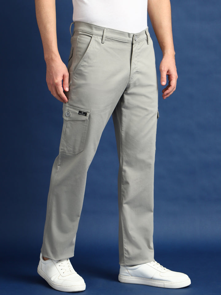 Men Ash Grey Solid Cotton Stretchable Straight Fit Cargo Pant