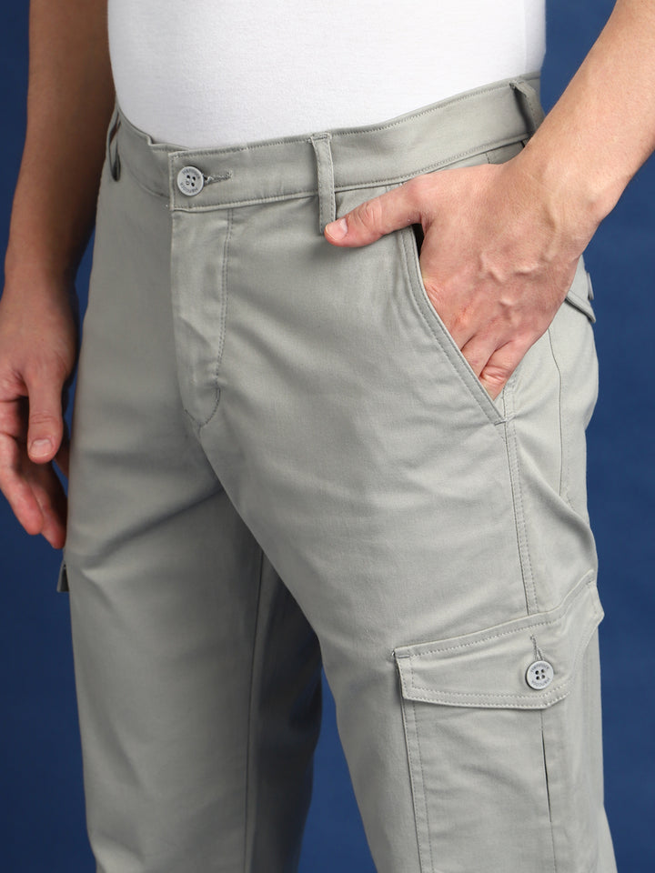 Men Ash Grey Solid Cotton Stretchable Straight Fit Cargo Pant