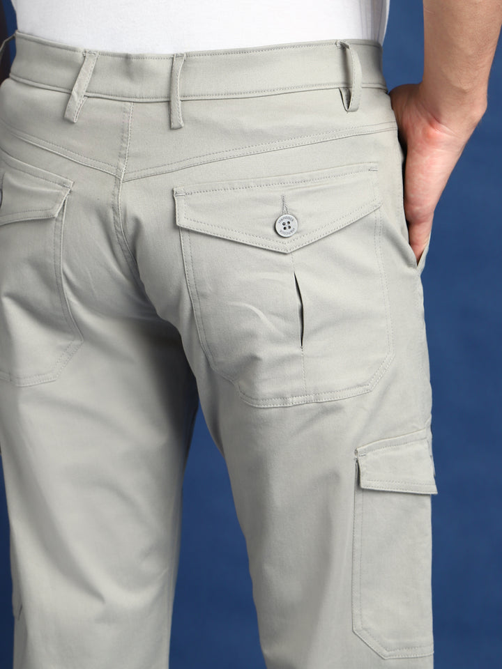 Men Ash Grey Solid Cotton Stretchable Straight Fit Cargo Pant