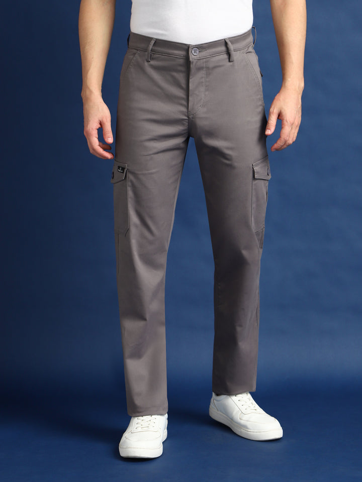 Men Fossil Grey Solid Cotton Stretchable Straight Fit Cargo Pant
