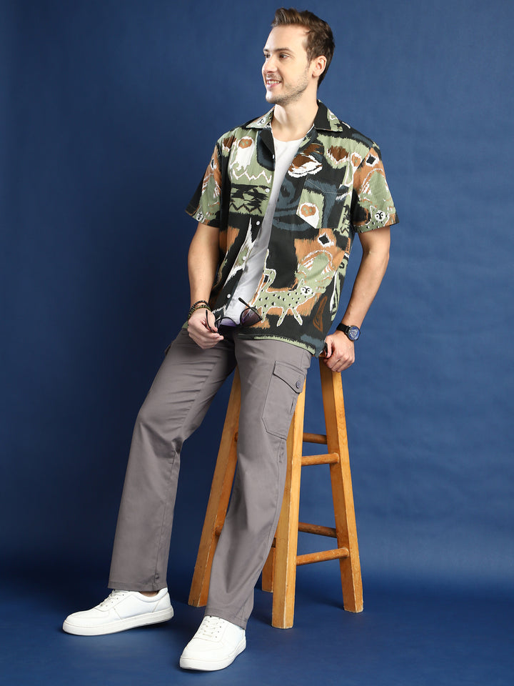 Men Fossil Grey Solid Cotton Stretchable Straight Fit Cargo Pant