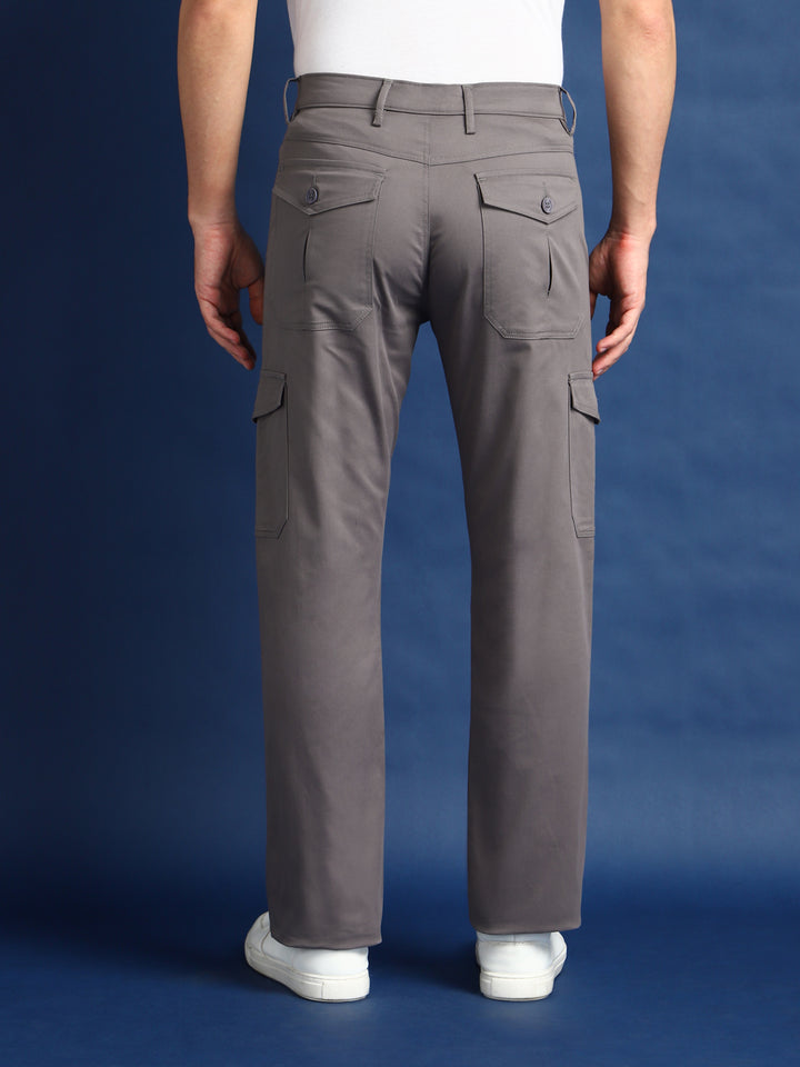 Men Fossil Grey Solid Cotton Stretchable Straight Fit Cargo Pant
