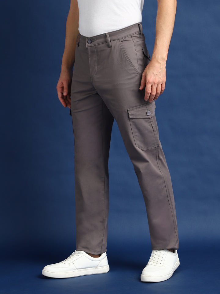 Men Fossil Grey Solid Cotton Stretchable Straight Fit Cargo Pant