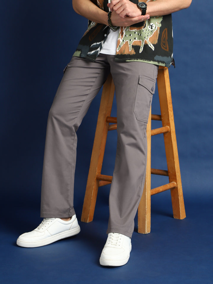 Men Fossil Grey Solid Cotton Stretchable Straight Fit Cargo Pant