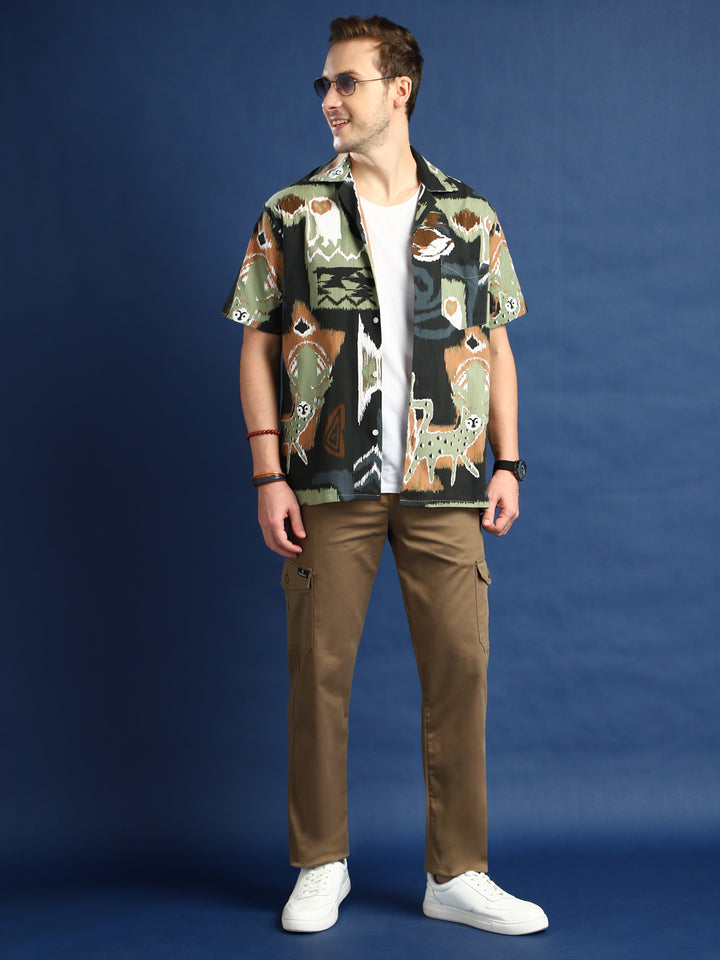 Men Khaki Solid Cotton Stretchable Straight Fit Cargo Pant